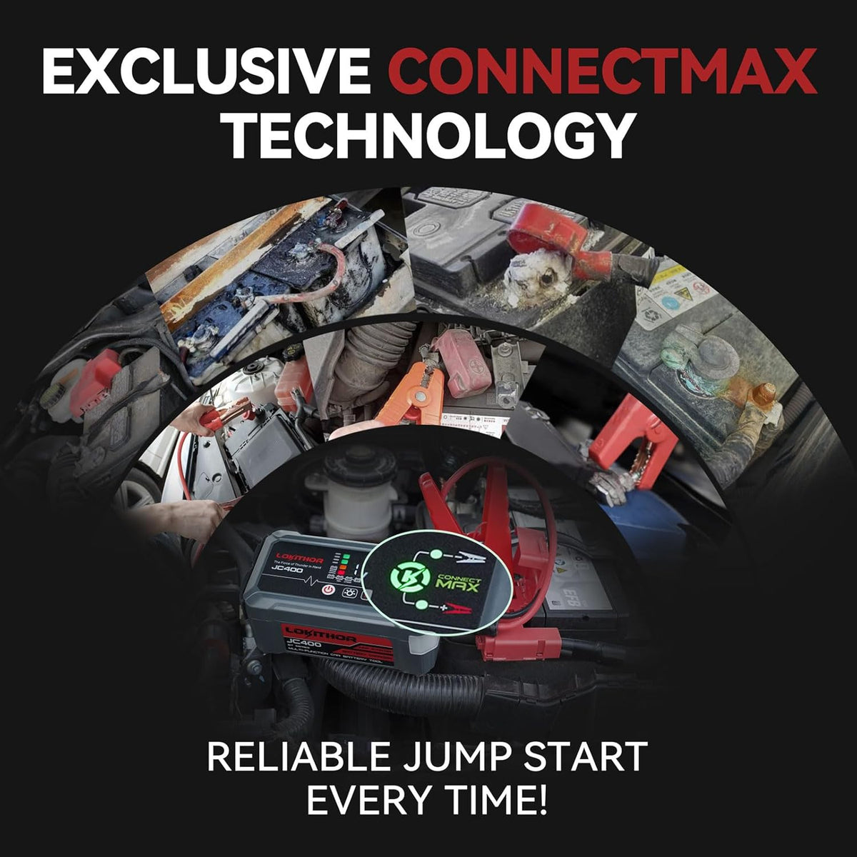 JC400 9-in-1 Battery Charger and Jump Starter, 2500A 12V Portable Jump Box for Car Upto 8.5L Gas/6.5L Diesel, 750mA/1A/2A, 6V/12V Automotive Battery Maintainer, Trickle Charger and Desulfator