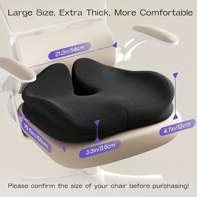 Seat Cushions for Office Chairs - Patented Coccyx Cushion for Tailbone Pain - 21.2" W x 16.5" L Memory Foam Extra Large Seat Cushion, Removable & Machine Washable Cover (Black)