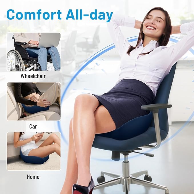 Seat Cushion, Memory Foam Office Chair Cushions, Ergonomic Curved Design for Sciatica, Tailbone, Coccyx, Seat Support for Car, Desk Chair, Wheelchair, Enhances Long Sitting Comfort (Blue)