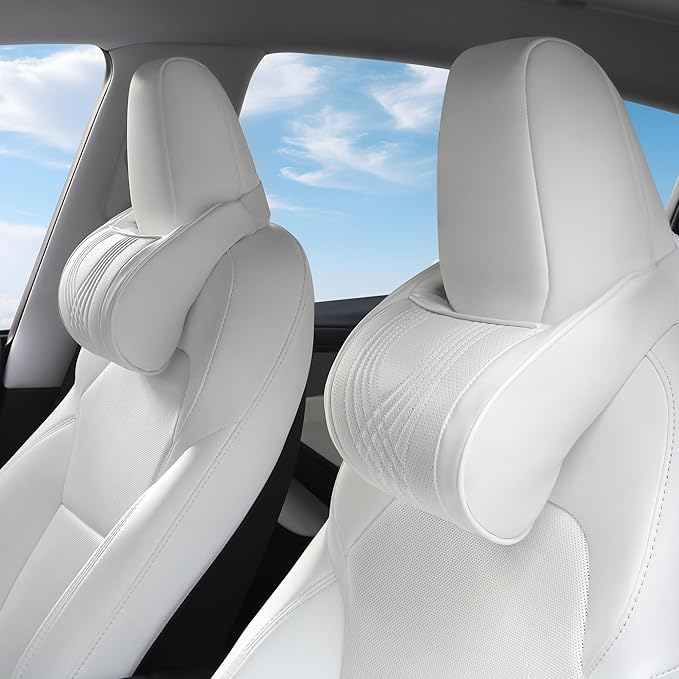 Car Headrest Memory Foam Neck Pillow for Driving with Leather Cover Soft Comfortable Seat Head Pillow Cushion for Most Cars SUV Sedan Home Office, White, 2PC