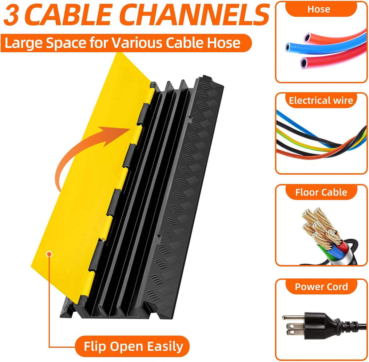3 Channel 2 Pack Cable Protector Ramp Traffic Wire and Hose Ramp Cord Cover Heavy Duty Channels 44,000 lbs Load Capacity Cable Wire Ramps Speed Bump Driveway Cable Protective Cover