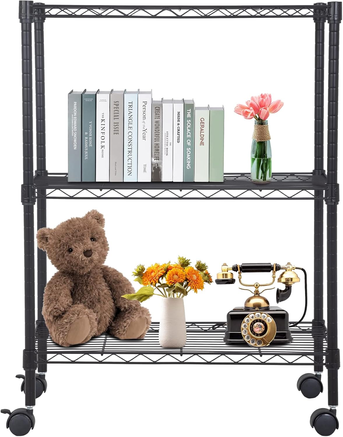 BestOffice 3-Tier Adjustable Wire Shelving Storage Shelves Heavy Duty Shelving Unit with Wheels for Small Places Kitchen Garage Balcony,Black