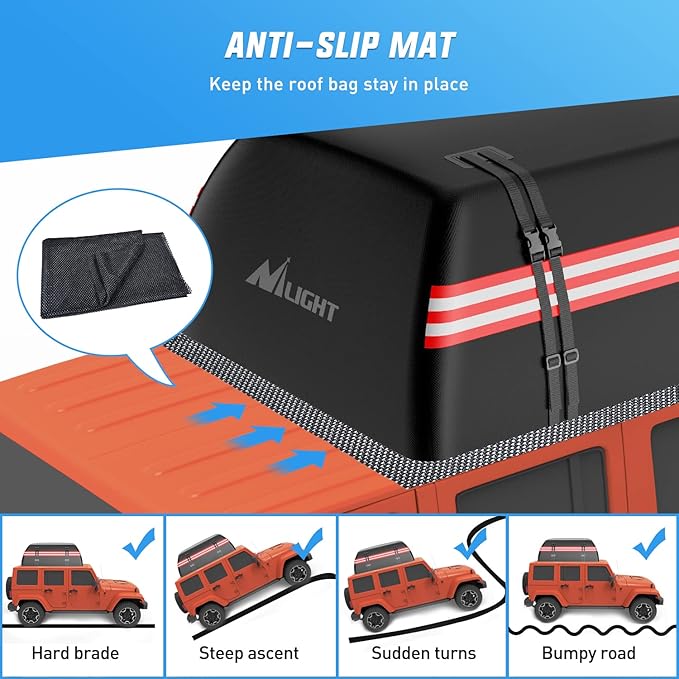 Nilight Car Roof Bag 21 Cubic Feet Waterproof Rooftop Cargo Carrier,Suitable for All Vehicle with/Without Rack - Waterproof Zip,Reflective Strip,Anti-Tear 840D PVC, with Anti-Slip Mat