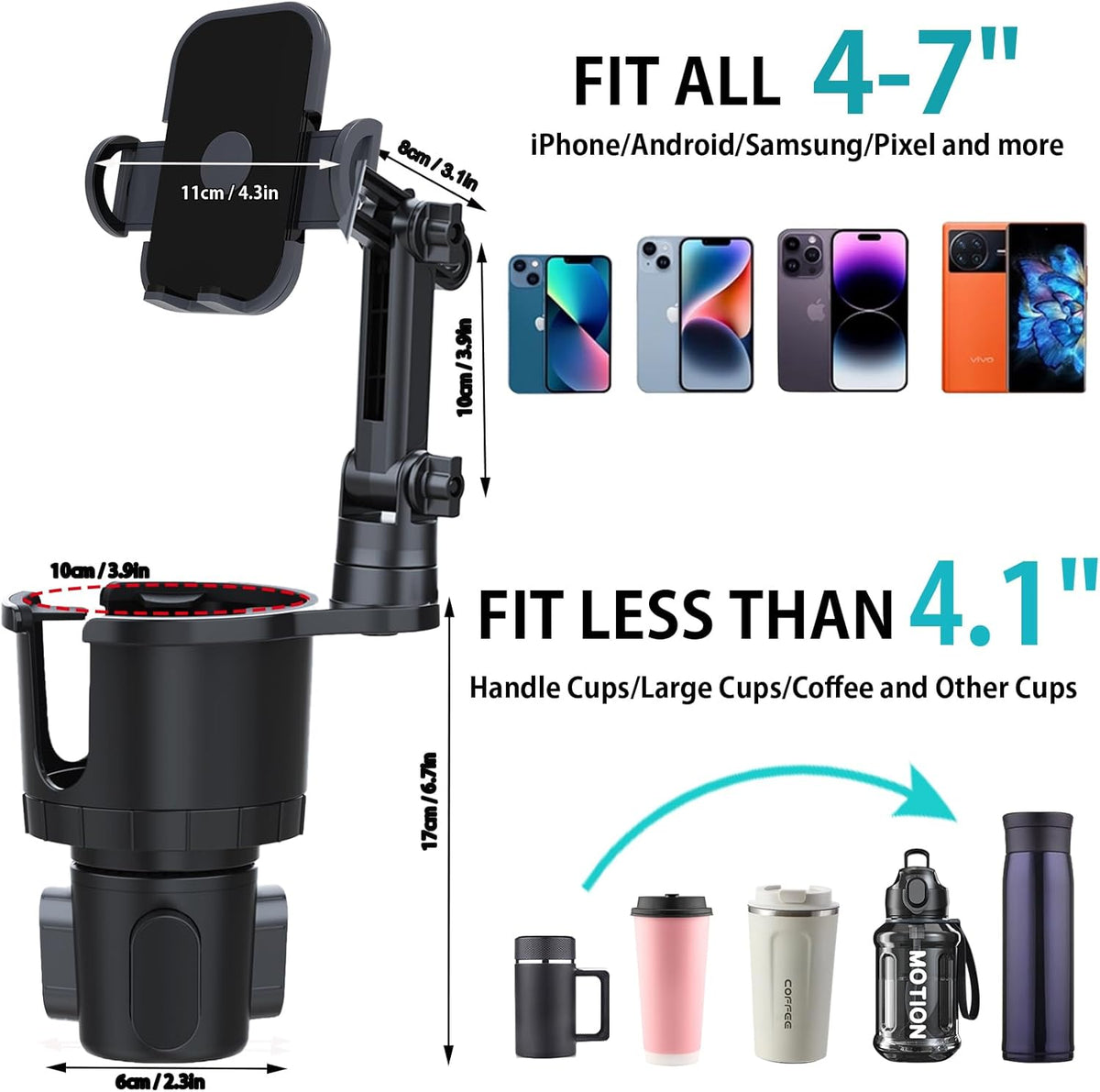 Cup Holder Phone Mount for Car, Upgraded 2 in 1 Car Cup Holder Expander Long Arm with 360° Rotation, Car Phone Holder Compatible with iPhone, Samsung & All Smartphones
