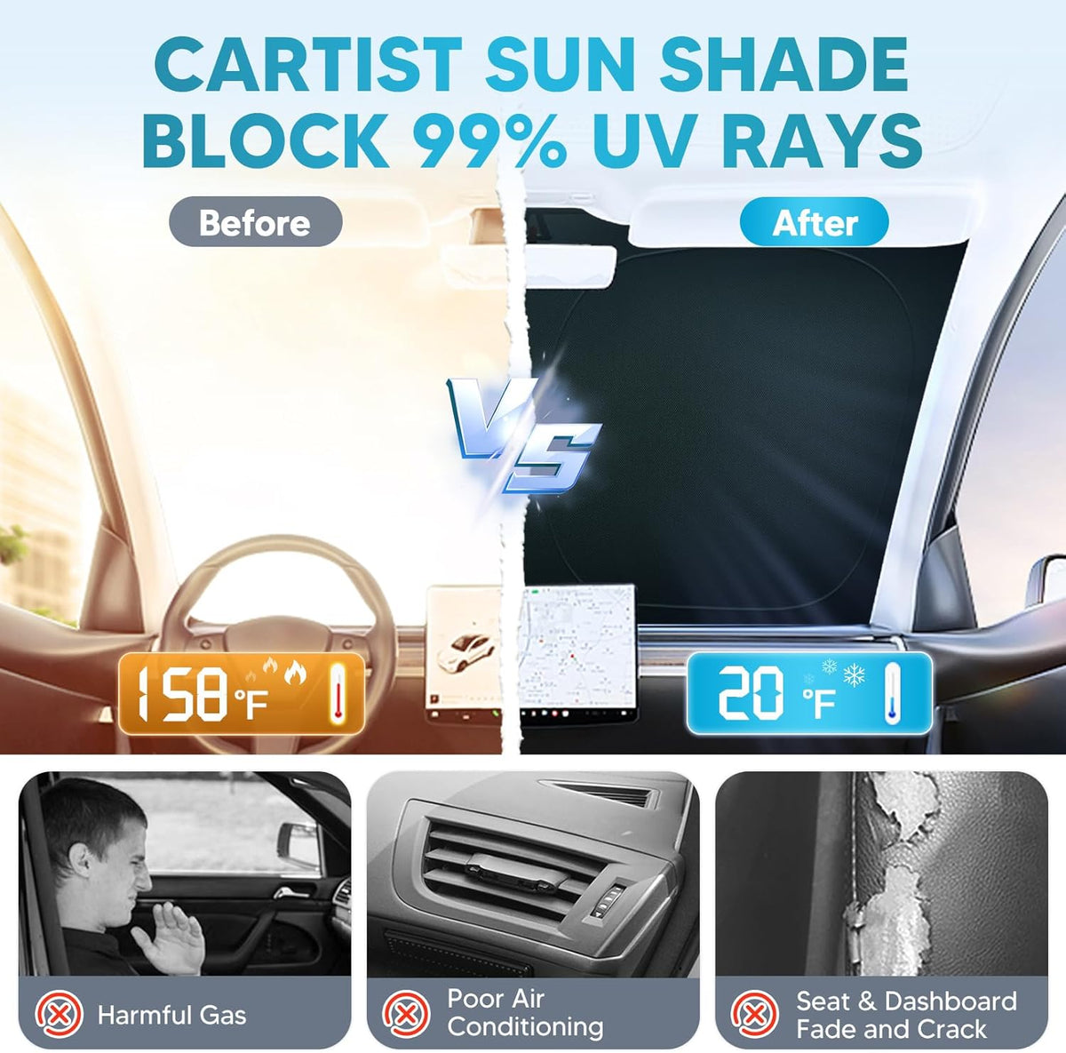 Cartist Windshield Sun Shade Fit for Hyundai Kona 2024 2025 2026 Foldable Car Front Window Sunshade for Kona Accessories Sun Visor