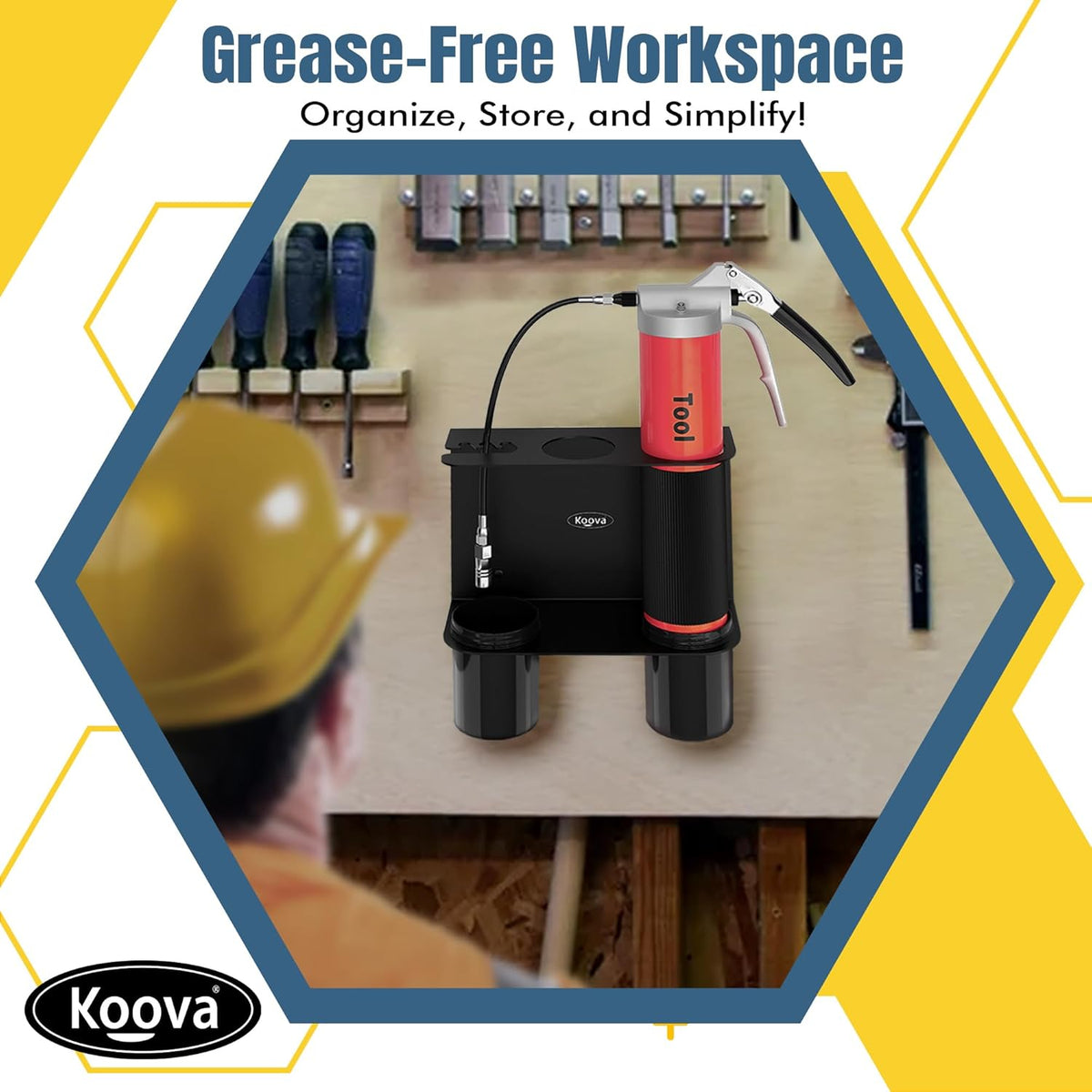 Koova Grease Gun Holder | Tractor Grease Gun Garage Organizer Wall Mount | Includes Removable Drip Cups & Spare Cartridge Holder | Truck & Tractor Accessories | Shop/Garage Wall Organizer | USA Made