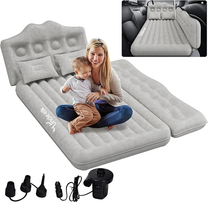 Car Air Mattress Bed: Inflatable Back Seat Air Mattress for Car, Thickened Camping Sleeping Pads with 2 Pillows & Air Pumps, Fits Sedan/Truck/SUV, Grey