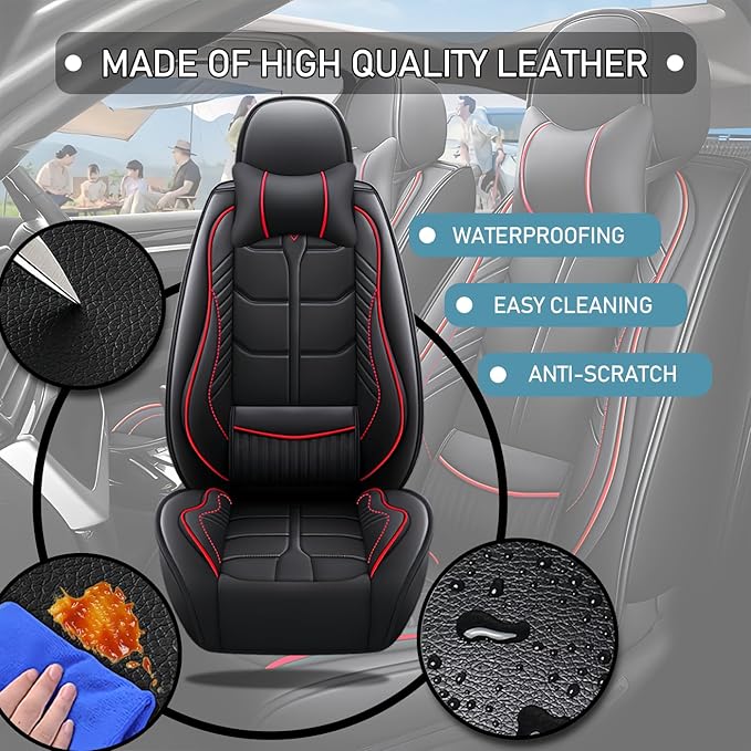 Leather Car Seat Covers Fit for Toyota FJ Cruiser 2002-2024, 5 Seater Car Seat Cover, Premium Waterproof, Scratch Resistant Car Interior Accessories (Full Set with Pillow Black Red)