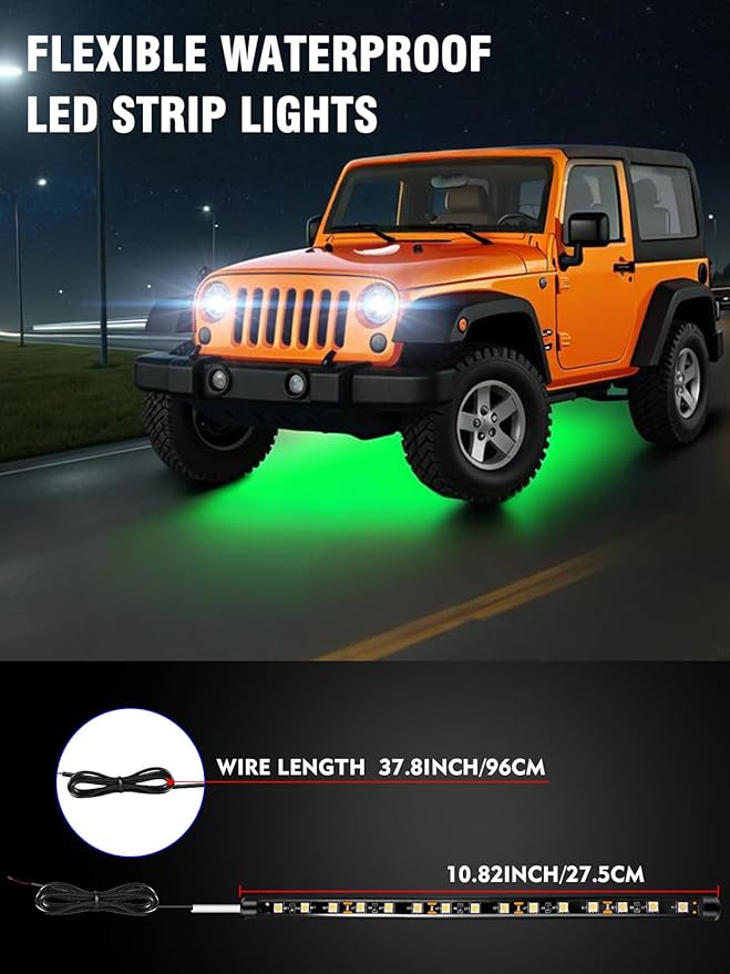 8 Pcs Car Led Light Strip IP67 Waterproof 11" Flexible Led Lights Underglow 12V for Car Motorcycle Boat Golf Cart Interior Exterior Decoration - Green
