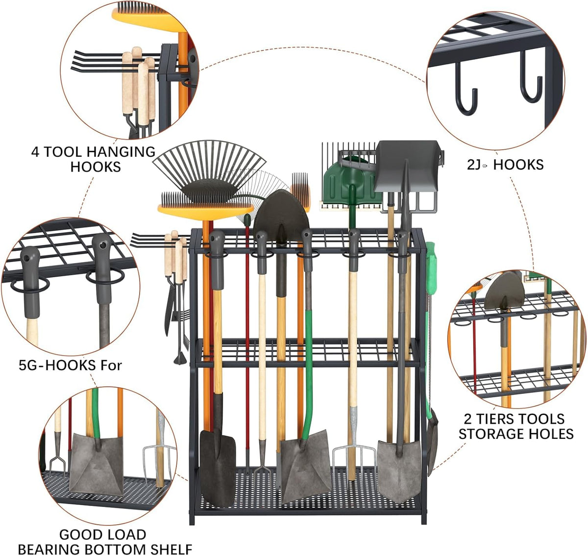 Organizer Yard Tool Storage Rack,Garden Organizer,Steel Yard Tool Racks To Store Long-Handled Tools,Tool Holder For Garden,Shed,Outdoor,Black