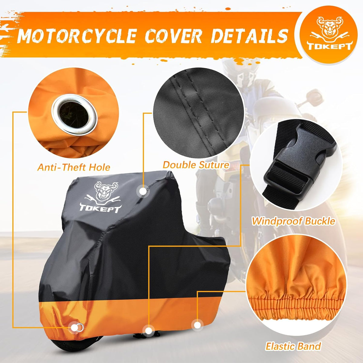 Motorcycle Cover, All-Season Waterproof Outdoor Sun Protection Fit up to 91 Inch Harley-Davidson Honda Suzuki Kawasaki Yamaha (L Black&Orange)