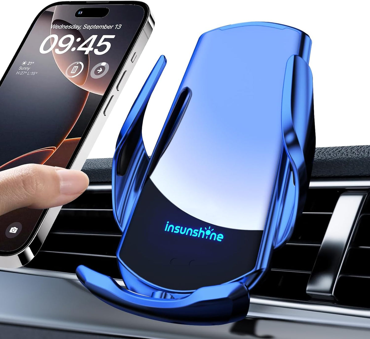 Wireless Car Charger, MAX 15W Fast Charging Auto Clamping, Sensing Phone Holder Mount, fit for iPhone 16 15 14 13 12 Pro Max Xs X, Samsung Galaxy S24 Ultra S23 S22 S21 S20 Note 20 (3-Blue)