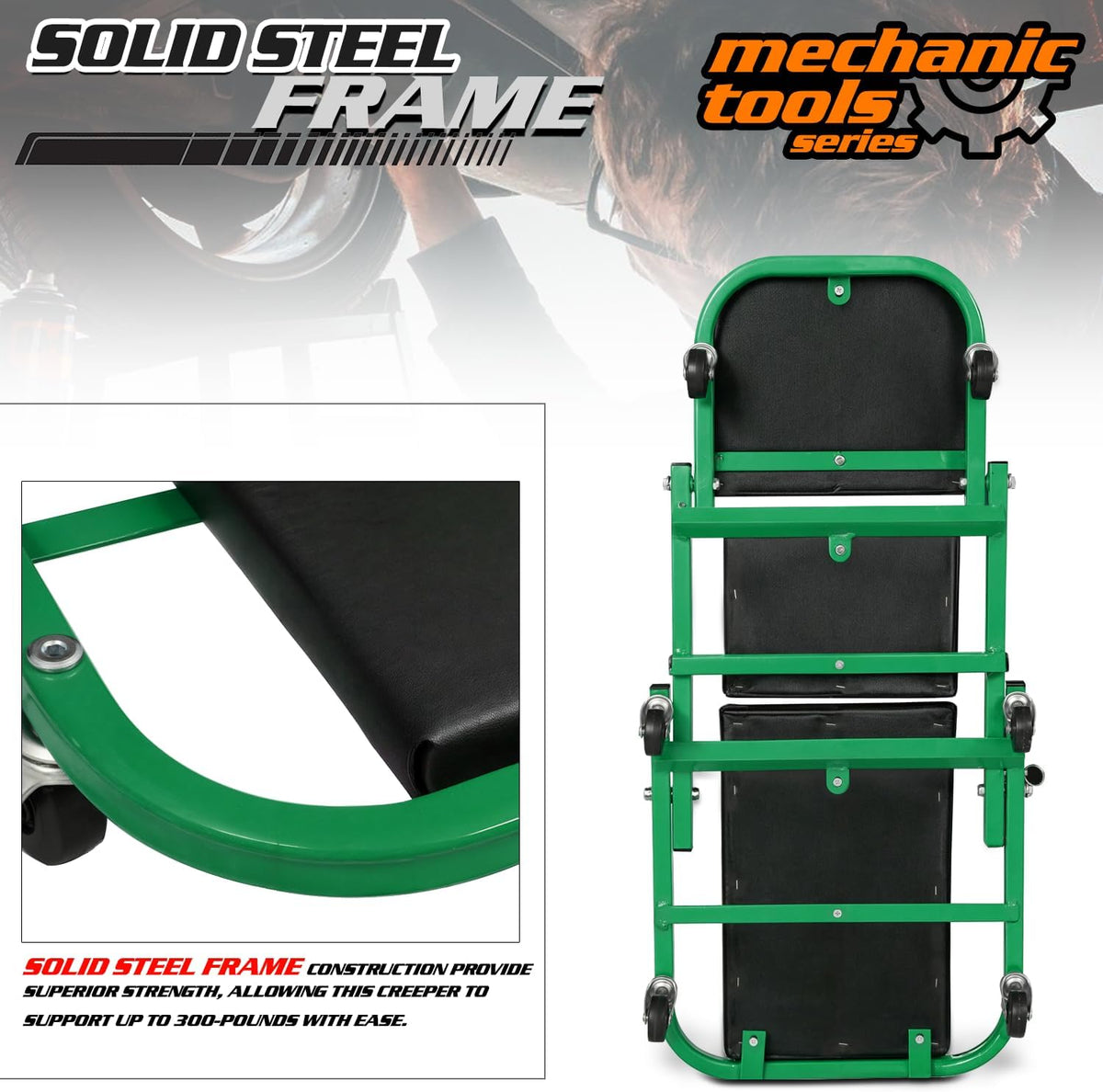 M-AUTO 40-Inch Folding Creeper Rolling Seat, All-in-One Adjustable Roller Garage Chair, Lay Down or Sit, 330LBS Capacity Under Car Roller Creeper with 6 Swivel Casters, Green