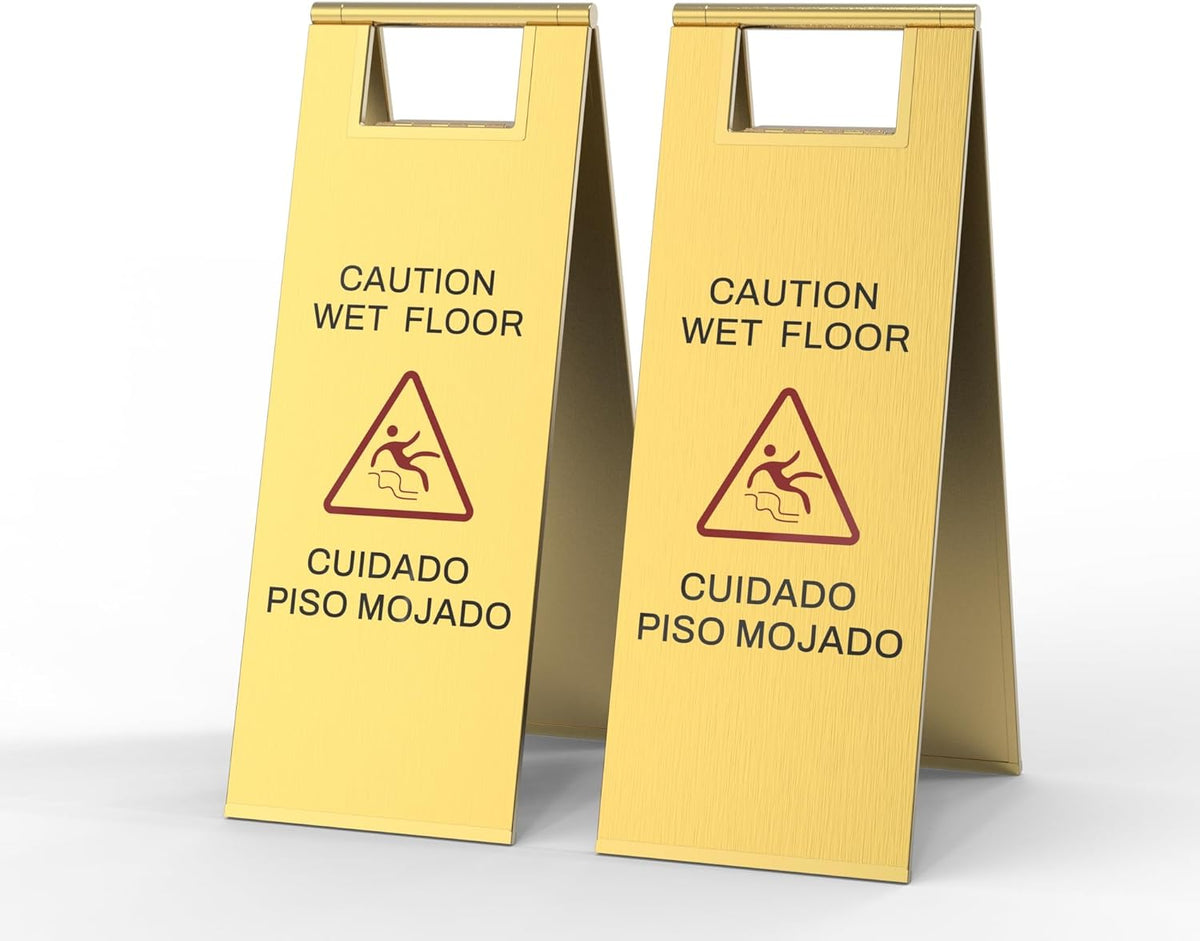 Stainless Steel Wet Floor Sign 2 Pack, 24 Inch Double-Sided Foldable Caution Sign with Handle, 8.8 lb Bilingual Warning for Restaurant, Office, Commercial Cleaning Use, Gold