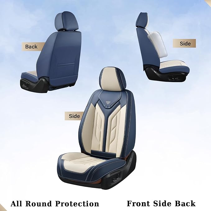 Coverado Car Seat Covers Full Set, Leather Seat Covers for Cars, Automotive Seat Covers Car Seat Protectors Car Accessories Universal Fit for Most Sedans SUV Pick-up Truck(Blue&Beige)