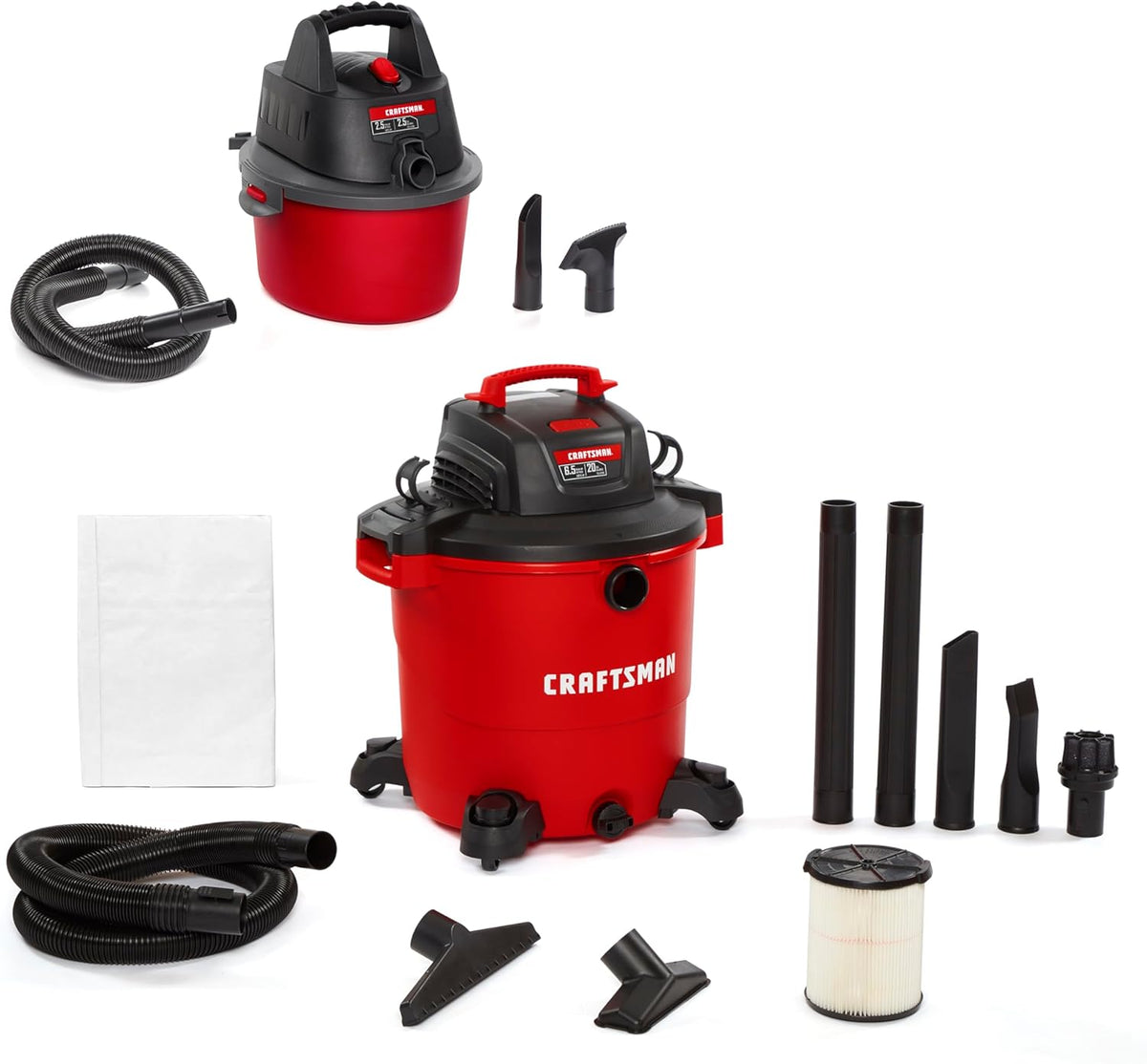 CRAFTSMAN CMXEVBE17596 20 Gal. 6.5 Peak HP Heavy Duty Wet/Dry Shop Vacuum with Filter, Dust Bag, Hose, Attachments and CMXEVBE17250 2.5 Gal. 2.5 Peak HP Portable Vac with Filter, Hose and Attachments