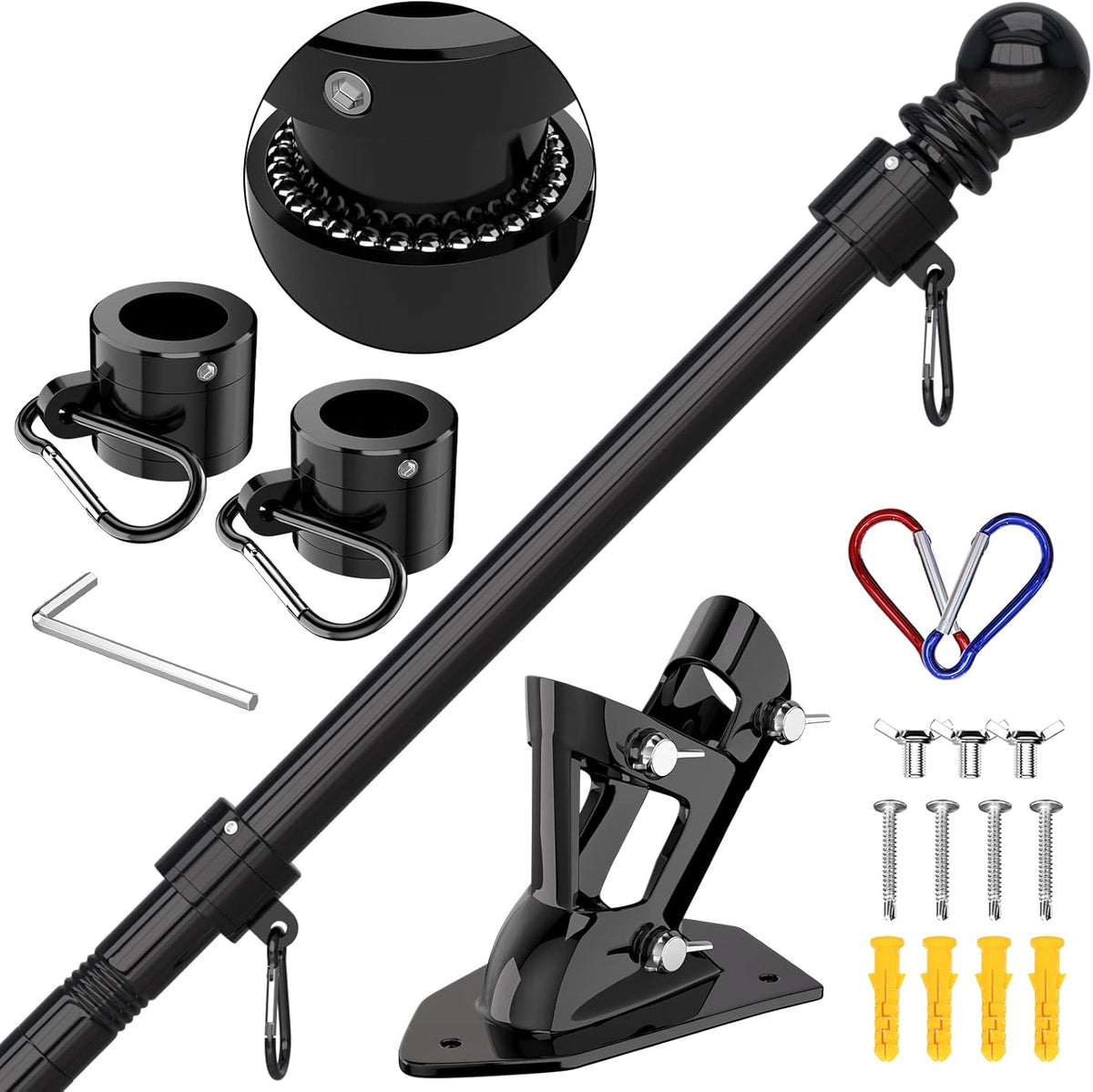 ZMTECH Flag Pole - Upgraded Bracket, 6 FT Stainless Steel Flag Poles for Outside House, Residential or Commerical, Tangle Free Flag Pole Kit for American Flag (Without Flag, Black)