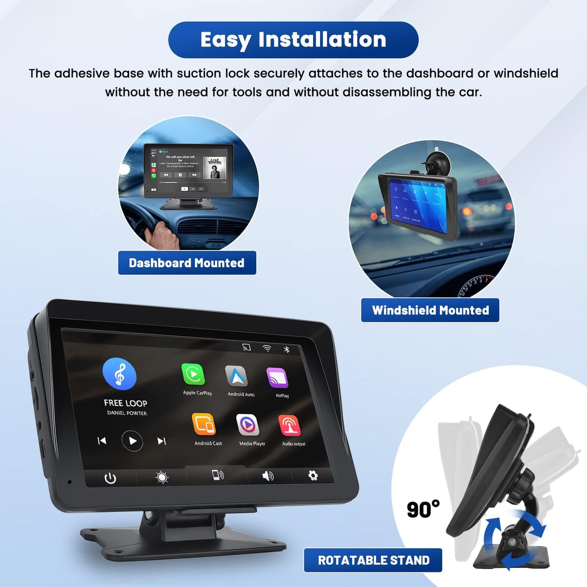 Portable Carplay Screen for Car, 7" Wireless Carplay & Android Auto with Bluetooth, GPS Navigation, Siri, FM, AUX, Mirror Link for All Vehicles