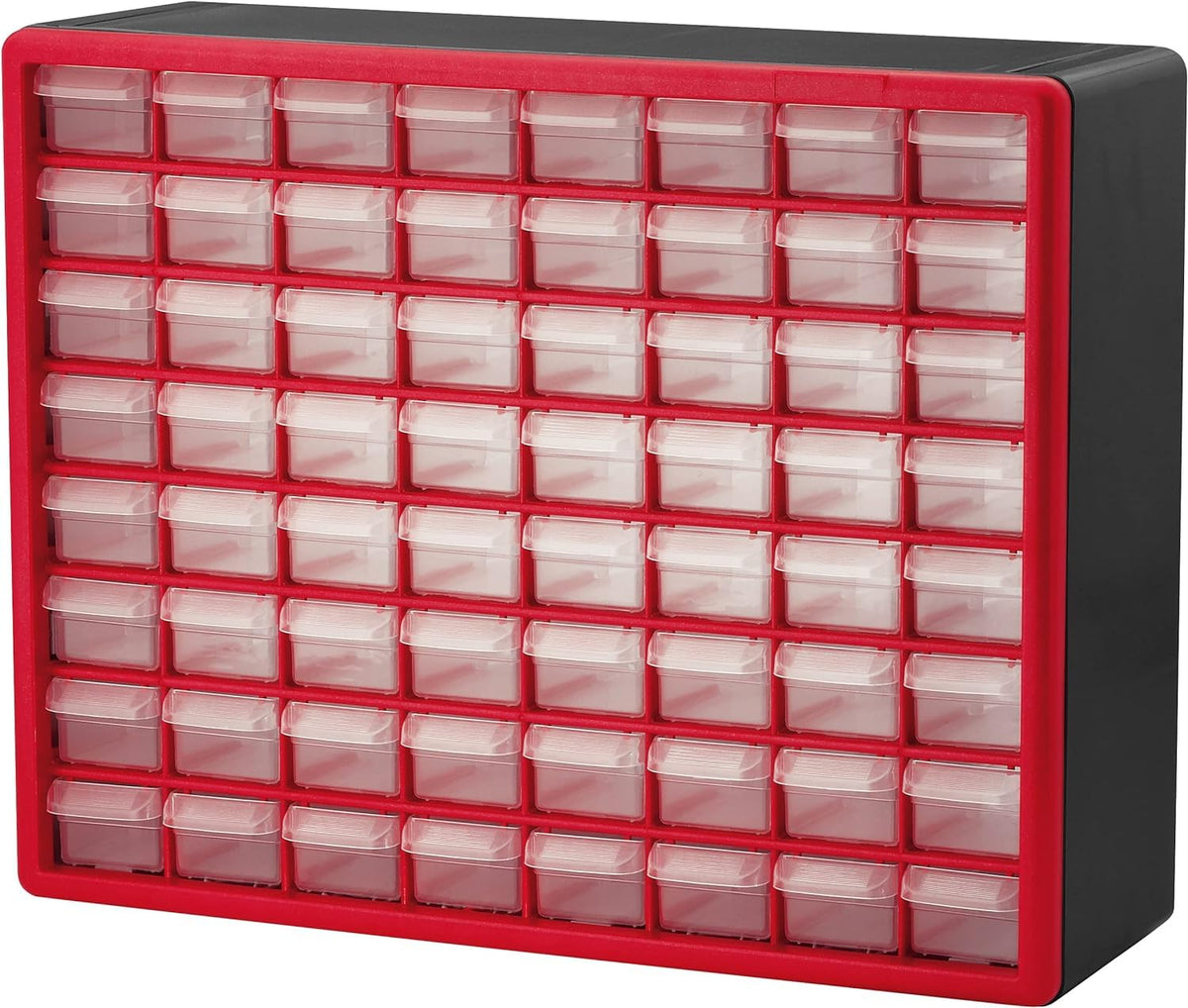 Akro-Mils 64-Drawer Plastic Drawer Storage Cabinet for Garage Organization, Bead Organizer, Building Bricks Storage, Teacher Toolbox, Makeup Organizer, 20-Inch W x 6-Inch D x 16-Inch H, 10164 Red