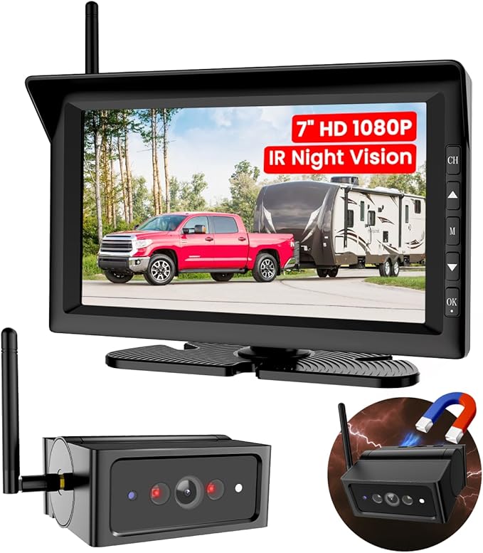 Foxpark Magnetic Wireless Backup Camera for RVs and Trailers No-Installation - 7" HD 1080P Monitor, Strong Magnetic Scratch-Proof Rear View Camera for Trucks, Campers, SUVs, and Cars