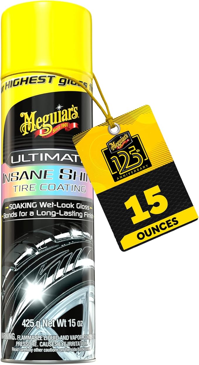 Meguiar's G190315 Ultimate Insane Shine Tire Coating, gives a Finish that Creates a Lasting Wet-Look for a Classic Black Shine, Easy to Use, No Hassle, No Mess, Ultimate Protection, 15 Oz Aerosol Can