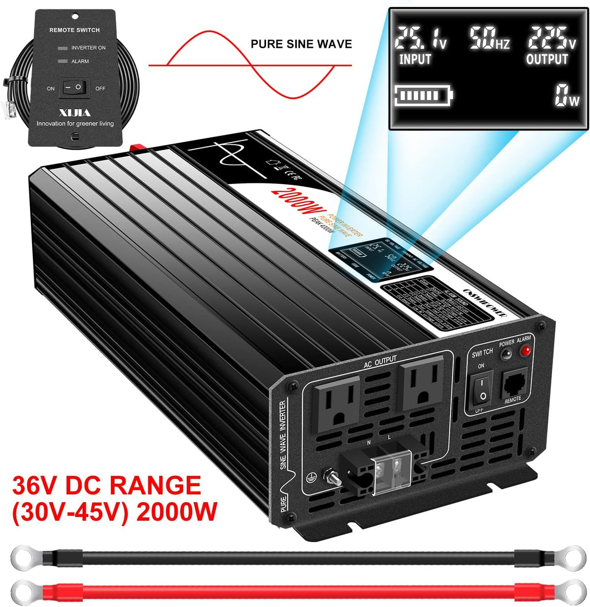 Xijia 2000W Pure Sine Wave Inverter DC 36v Inverter to 120v ac 60HZ Solar Converter for Home Use car (DC36V (Range 30V-45V) 2000W)