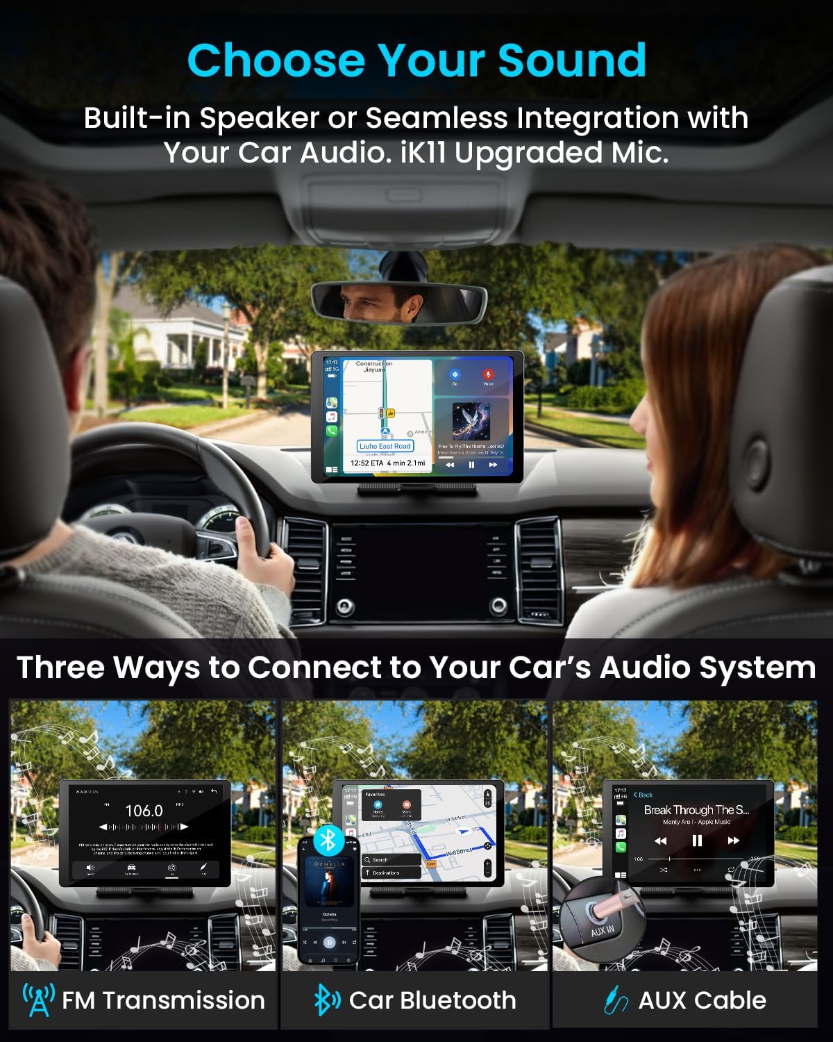 11" Extra Large Wireless Apple CarPlay Screen for Car – Ultra-Slim 0.16 Inch Touchscreen Car Stereo with Android Auto, 4K Dash Cam, 1080p Backup Camera, GPS, Mirror Link, Voice Control