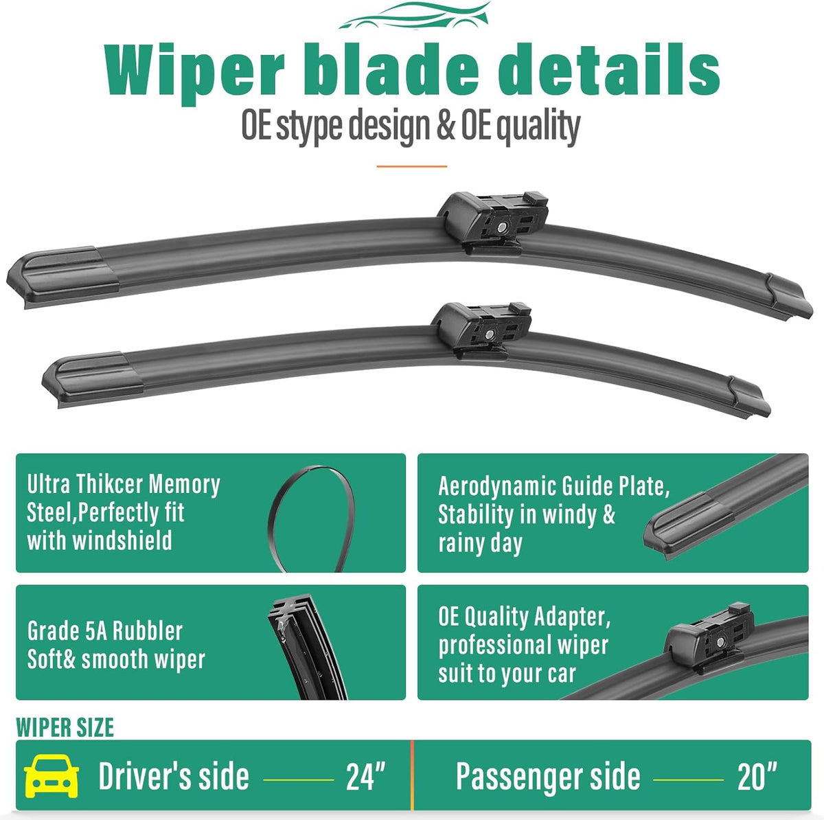 24" 20" 13" Windshield Wiper Blades Replacement for 2019-2024 Audi Q3 / 2009-2017 Audi Q5 SQ5 / 2017-2024 Porsche Panamera Premium All Weather Front Rear Wipers Set - OEM Quality (Pack of 3)