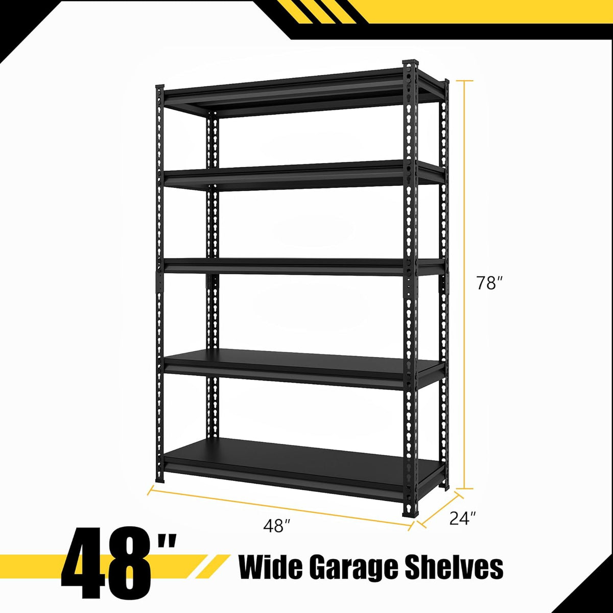 48" W Garage Shelving Heavy Duty，3000LBS Loads Metal Shelving Units and Storage,5-Tier Garage Storage Shelves Heavy Duty, Industrial Utility Shelves,48”W x 24”D x 78”H(Black)