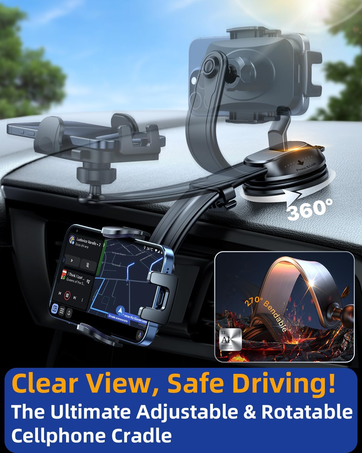 YRU [2025 Ultimate Car Phone Holder Mount [Bendable & Adjustable Aluminum Arm] Cell Phone Holder for Car Dashboard Windshield Phone Stand for iPhone 16 15 14 13 Pro Max Samsung Pickup Truck, Rose Red