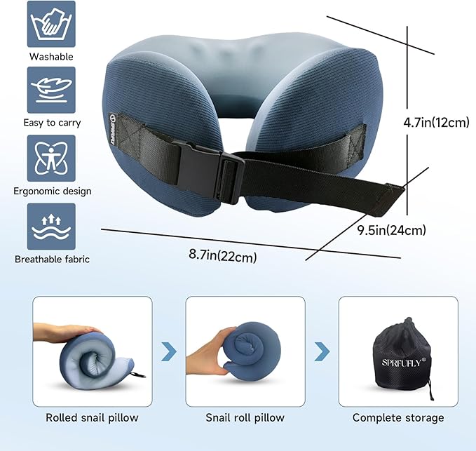 SPRFUFLY Soft Travel Pillow, 100% Memory Airplane Pillow with Sleep Mask and Ear Plugs, Breathable Removable Cover & Ergonomic Design - Essentials Neck Pillow for Airplane, Office & Home Use