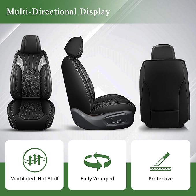 Bling Diamond Embroidered Seat Covers for Nissan Rogue 2010-2025 2026, Full Set 5 Seats, Sparkle Rhinestone Breathable Perforated Faux Leather Car Seat Covers for Women (Black)