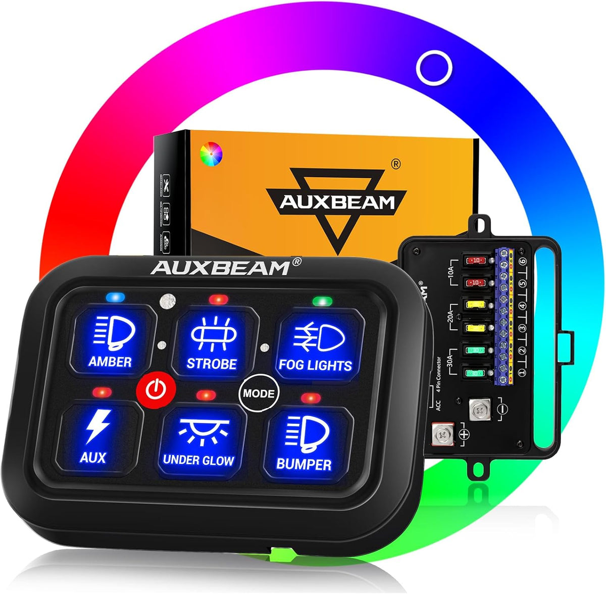 Auxbeam RGB 6 Gang Switch Panel RA60 Auto-Dimmable Switch Panel w/Momentary Toggle Pulsed Memory Function, 12-24V Switch Panel for Truck UTV Car Boat Waterproof, 2-Year Warranty