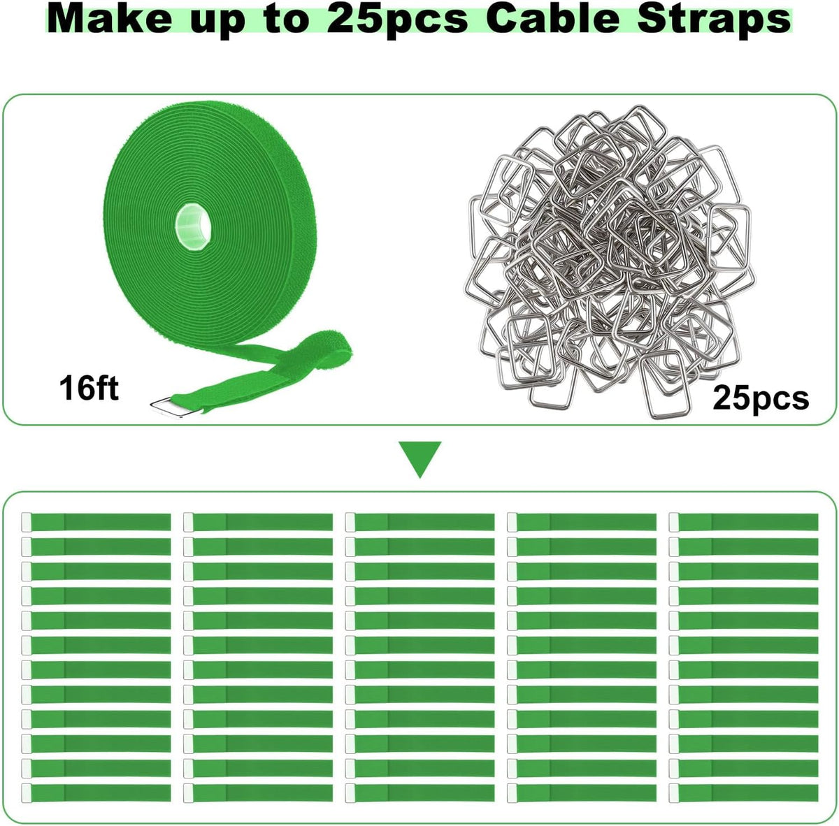 1"x16ft Hook and Loop Straps with 25 Metal Buckles, Adjustable Fastening Cable Straps, Cut-to-Length Cinch Strap, Reusable Nylon Securing Cord Ties for Organizer or Storage, 1 inch Wide,Green