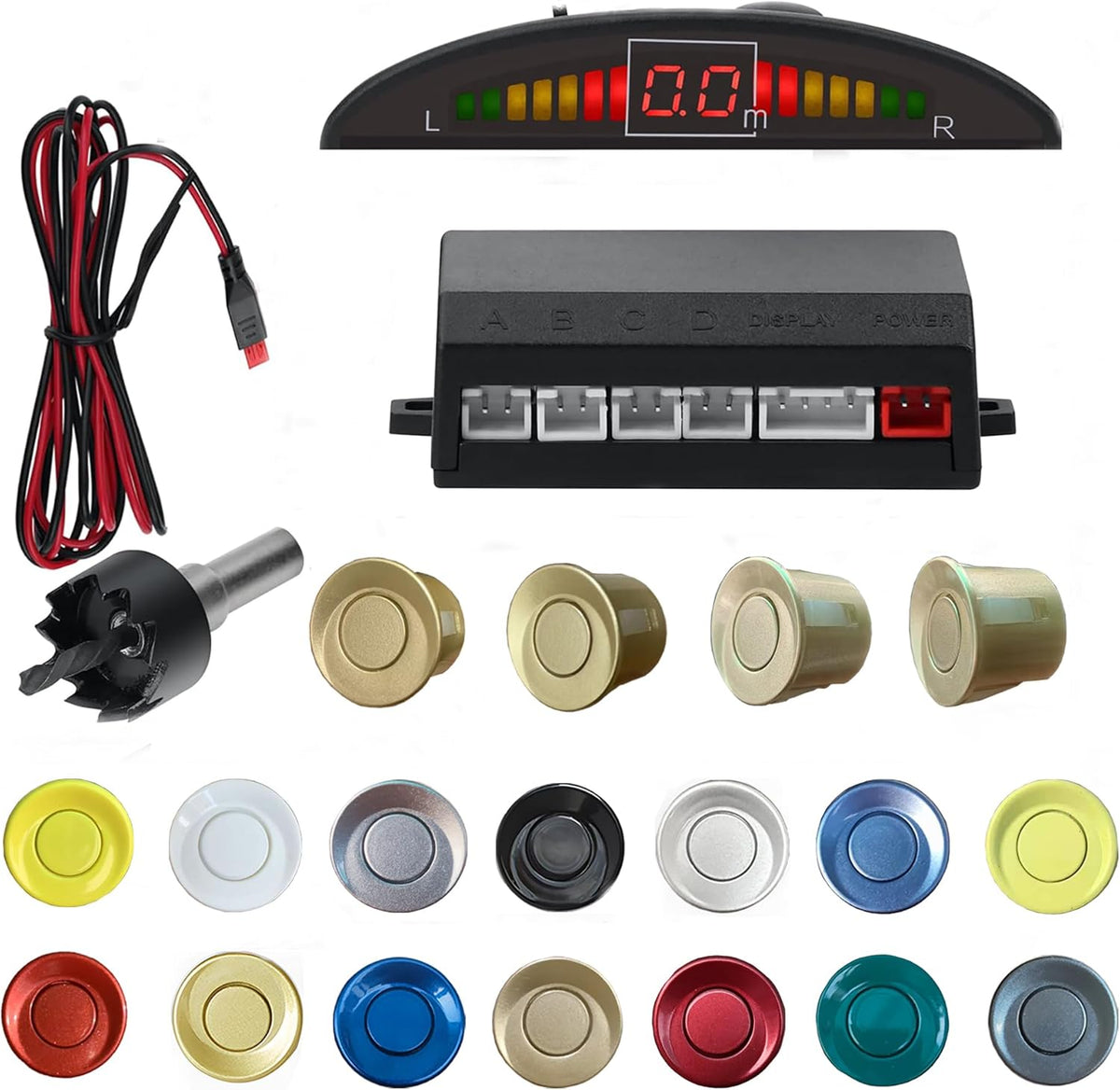 Car Reverse Backup Parking Sensor Radar System kit The LED Display with 3 Colors can Both Shows Distance Data and warn You with beep Sound Adjustable Volume Compact and Easy to Install（Champagne Gold）