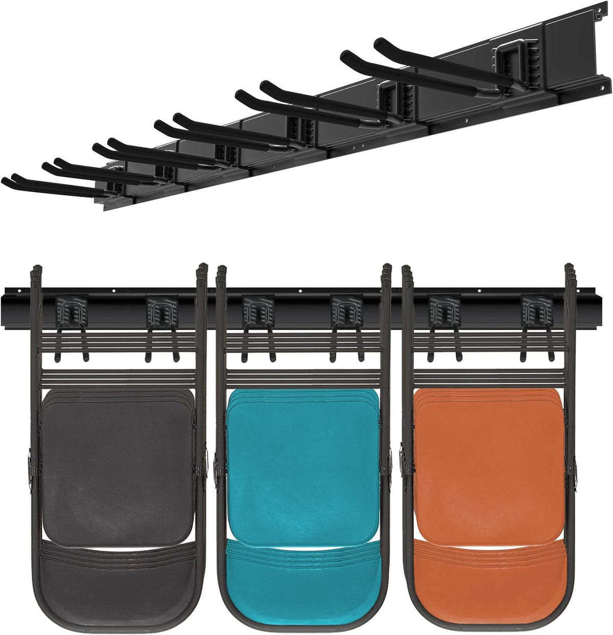 Wall Mount Folding Chair Hangers for Garage, Heavy Duty Garage Organizer Rack with 6 Adjustable Hooks, 48 Inch Tracks, Max Load 450lb, Storage for Rake, Shovel, Ski Tools