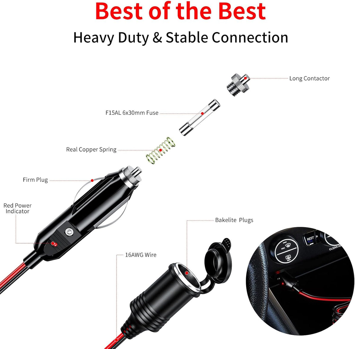 KEWIG 12/24V Car Cigarette Lighter Extension Cord - 4.9FT Cigarette Lighter Plug Cable- 16AWG Heavy Duty Extension Cable with 15A Fuse and LED Indicator