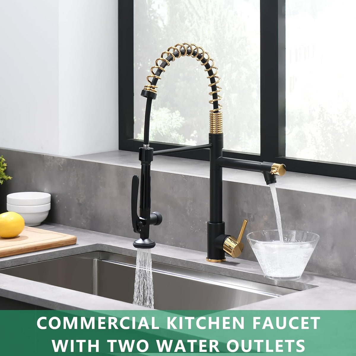 Fapully Black&Gold Kitchen Faucet with Sprayer,Commercial Pull Down Kitchen Faucet for Kitchen Sink