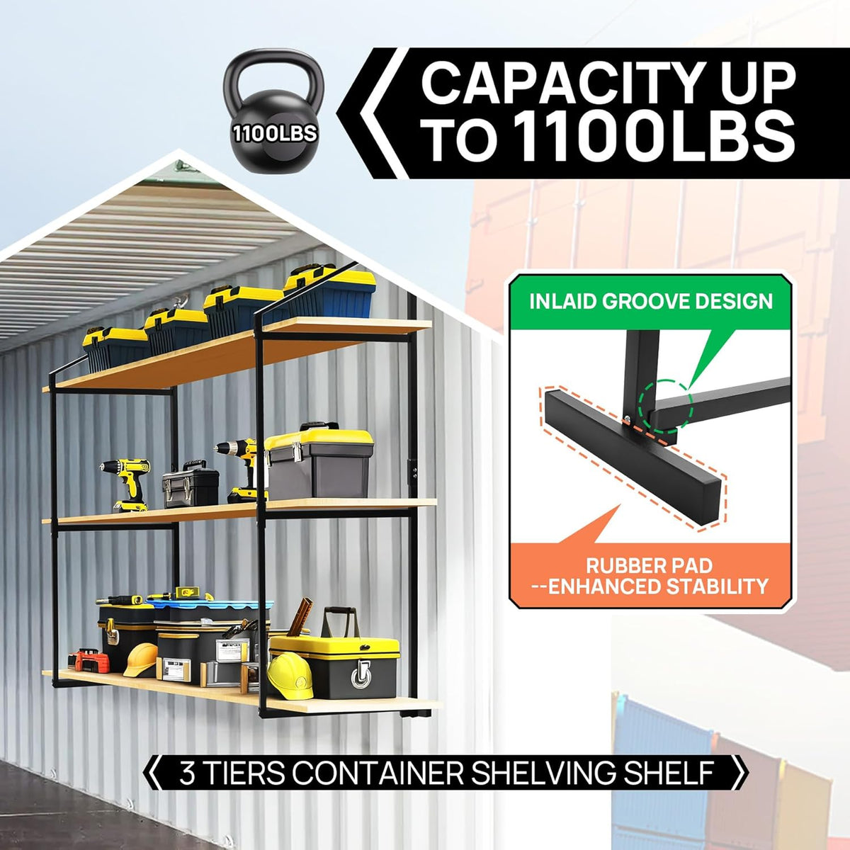 4 Pack Shipping Container Shelving Shelf - 3 Tiers Hanging Bracket Rack With 1100 lbs Capacity - Cargo Storage Accessories (Black, 4PCS-Black)
