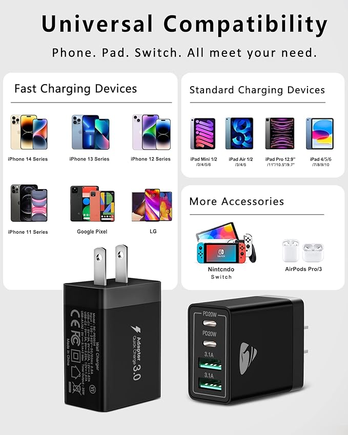 [2-Pack] USB C Wall Charger Block, Aiminu 40W 4-Port Fast Charging Block Dual Port QC+PD Power Brick Multiport Type C Charger Plug Adapter for iPhone 15 14 13 12 11 Pro Max XS XR SE 8 Plus, Samsung