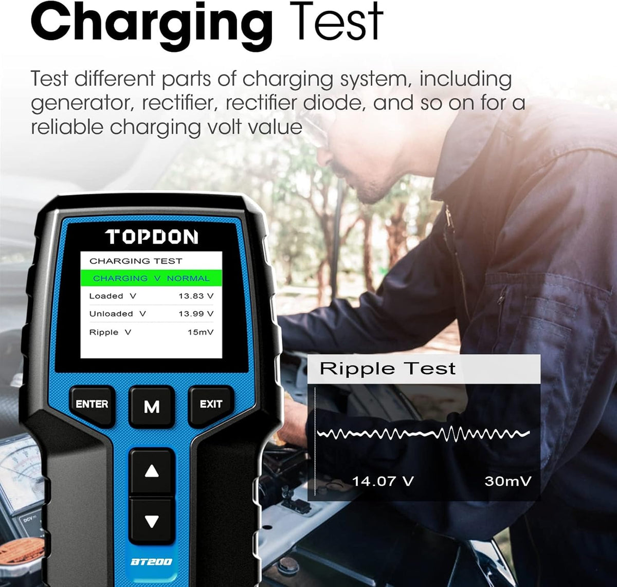 Car Battery Tester 24V 12V Load Tester, TOPDON BT200 100-2000CCA Automotive Alternator Tester Digital Auto Battery Analyzer Charging Cranking System Tester for Car Truck Motorcycle ATV SUV Boat Yacht