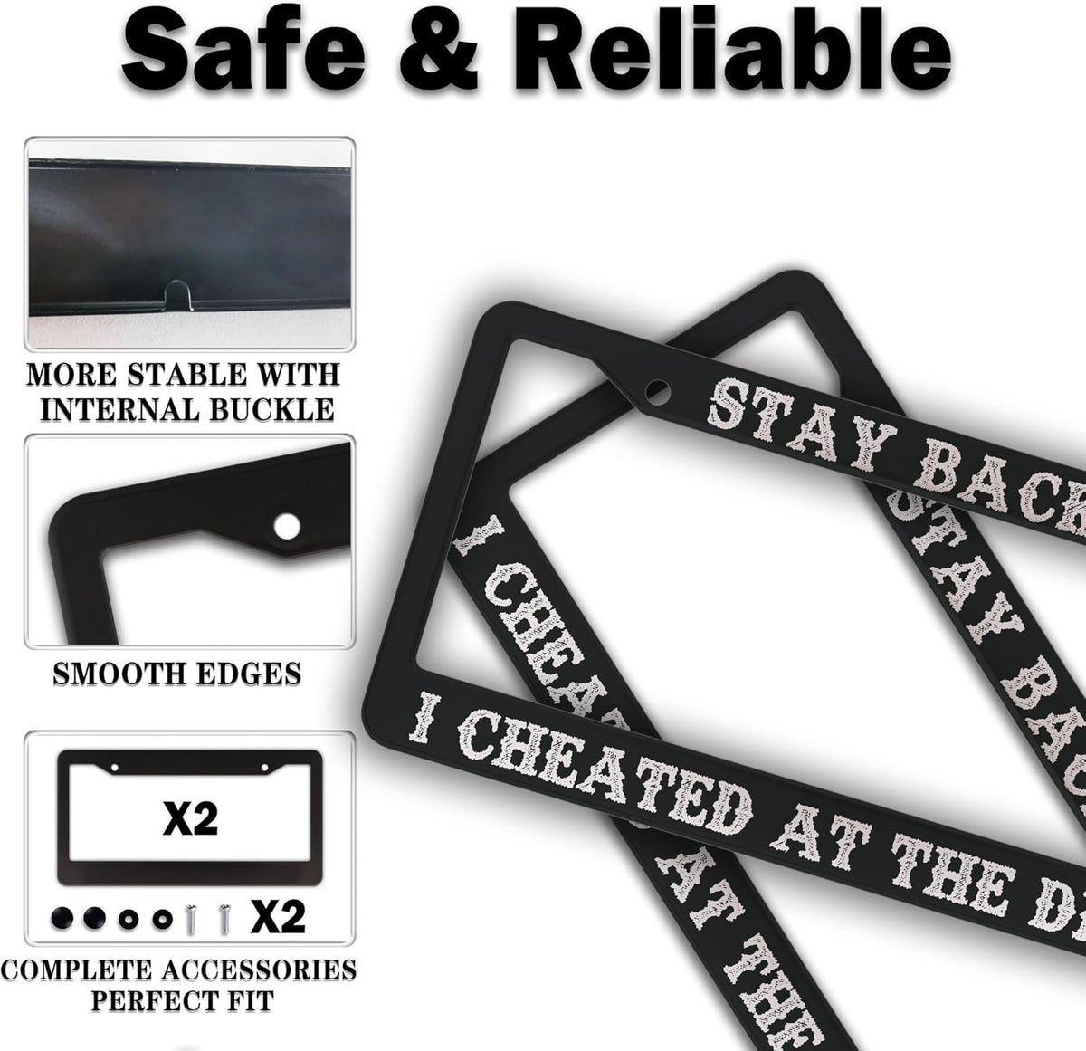 License Plate Frames Black and White License Plate Frame Holder Stay Back I Cheated at The DMV Universal Aluminum Car Accessory 2 Pack with Screw Covers Set