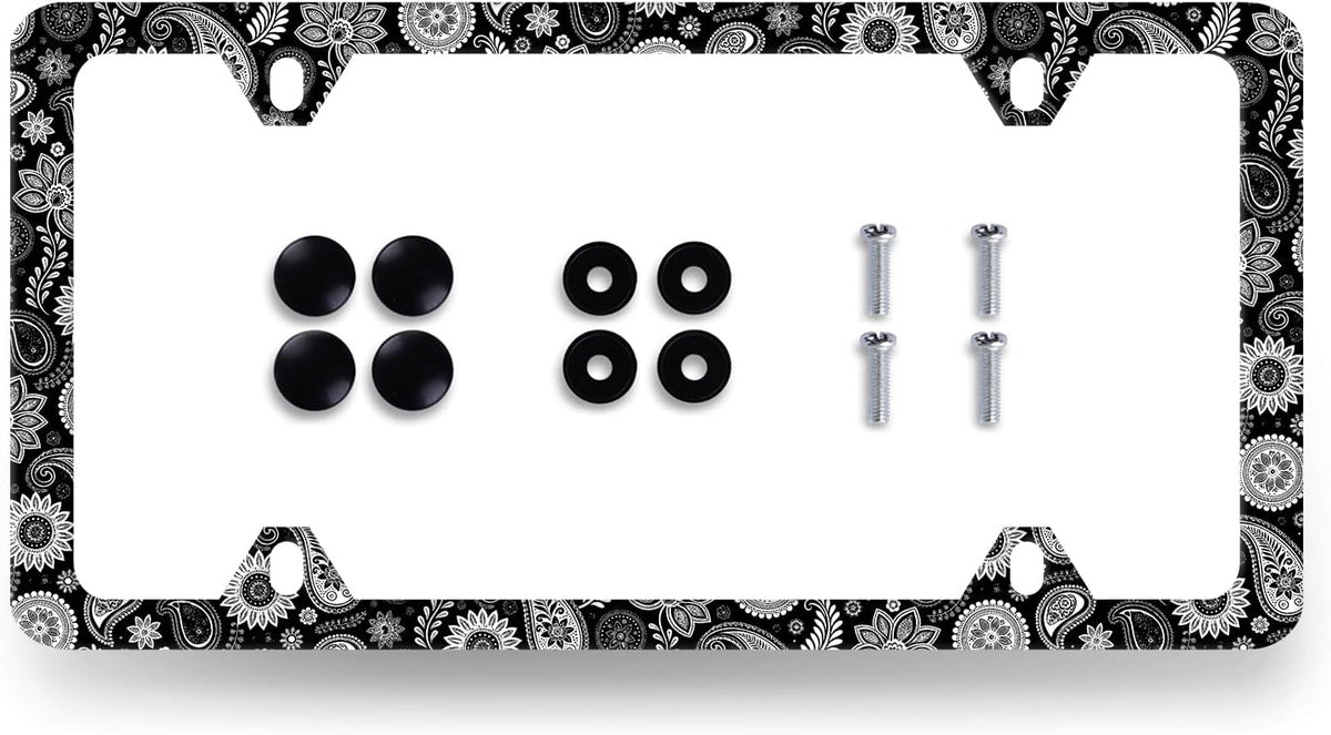 Black and White Paisley License Plate Frame Boho License Plate Holder Stainless Steel Funny Design with 4 Holes and Screws 12.3" x 6.3"