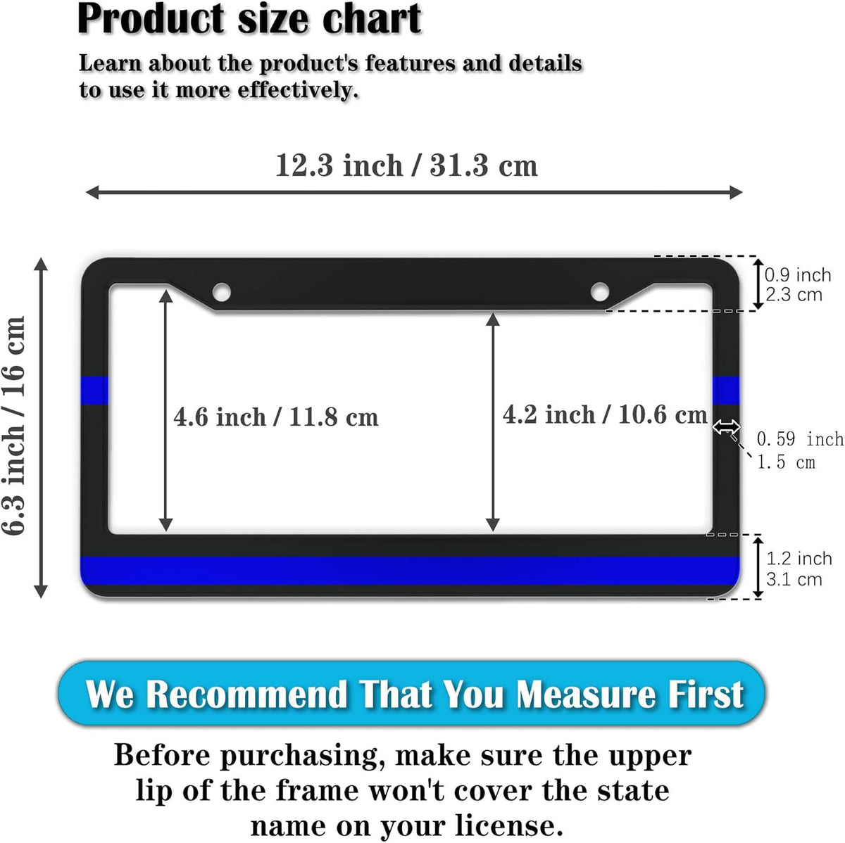 License Plate Frames for Women Blue Black Automotive Exterior Accessories for Men Blue Line Aluminum Metal Car Accessory 2 Pack with Screw Covers Set