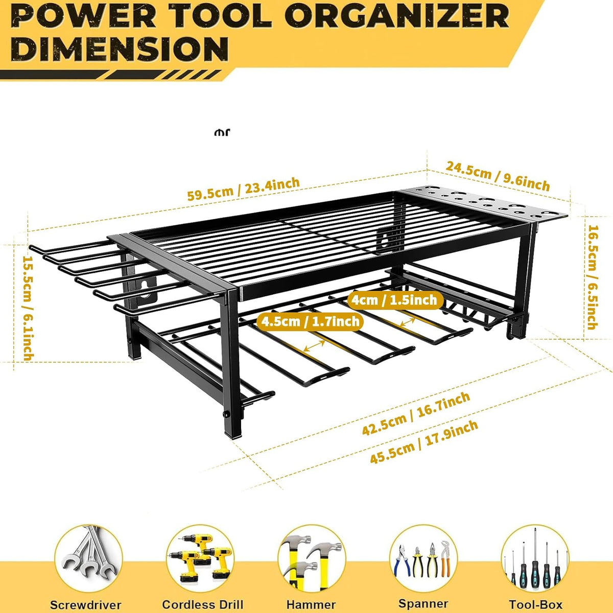 Power Tool Organizer, Garage shelving 2 Layers Garage Tool Organizers 4 Drill Holder Wall Mount, and Heavy Duty Metal Tool Shelf with Screwdriver Holder/Plier Holder/Hammer Holder (Black, 2 Layer)