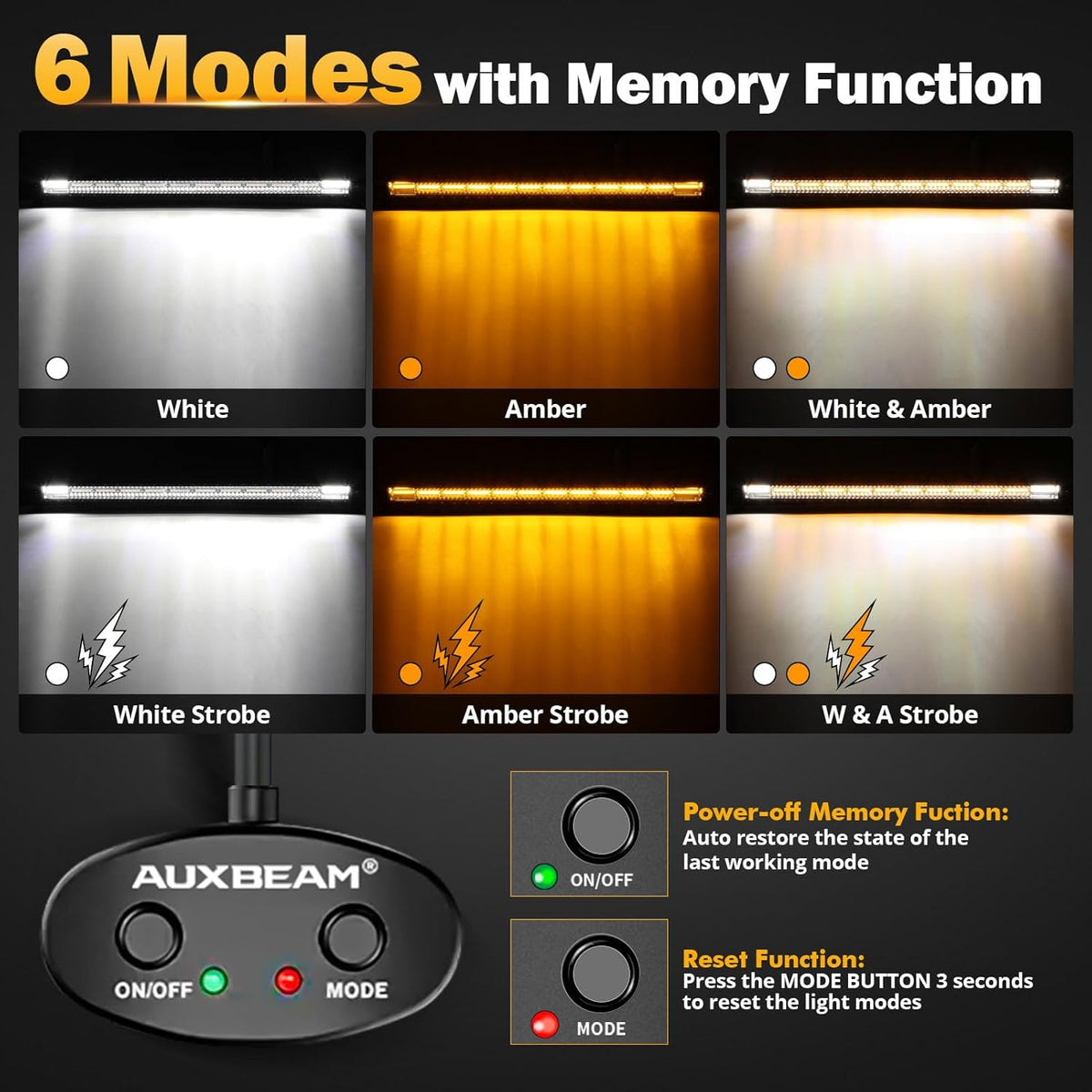 Auxbeam LED Straight Light Bar 50 Inch 288W Amber White Fog Lights, 6 Modes Strobe Yellow Offroad Driving Work Light with Memory Function for Truck Boat Jeep