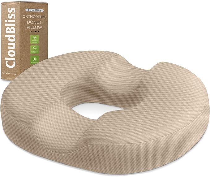 CloudBliss Donut Pillow Seat Cushion Chair Pad for Tailbone Pain Relief and Hemorrhoids, Memory Foam Seat Chair Cushion for Men and Women for Home & Office, (Khaki-XL)