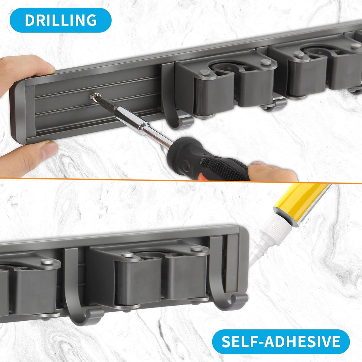 Broom Holder Wall Mount, Aluminum Mop and Broom Holder Hanger with 3 Racks and 4 Hooks, Mop Holder for Laundry Garage Tool Organization