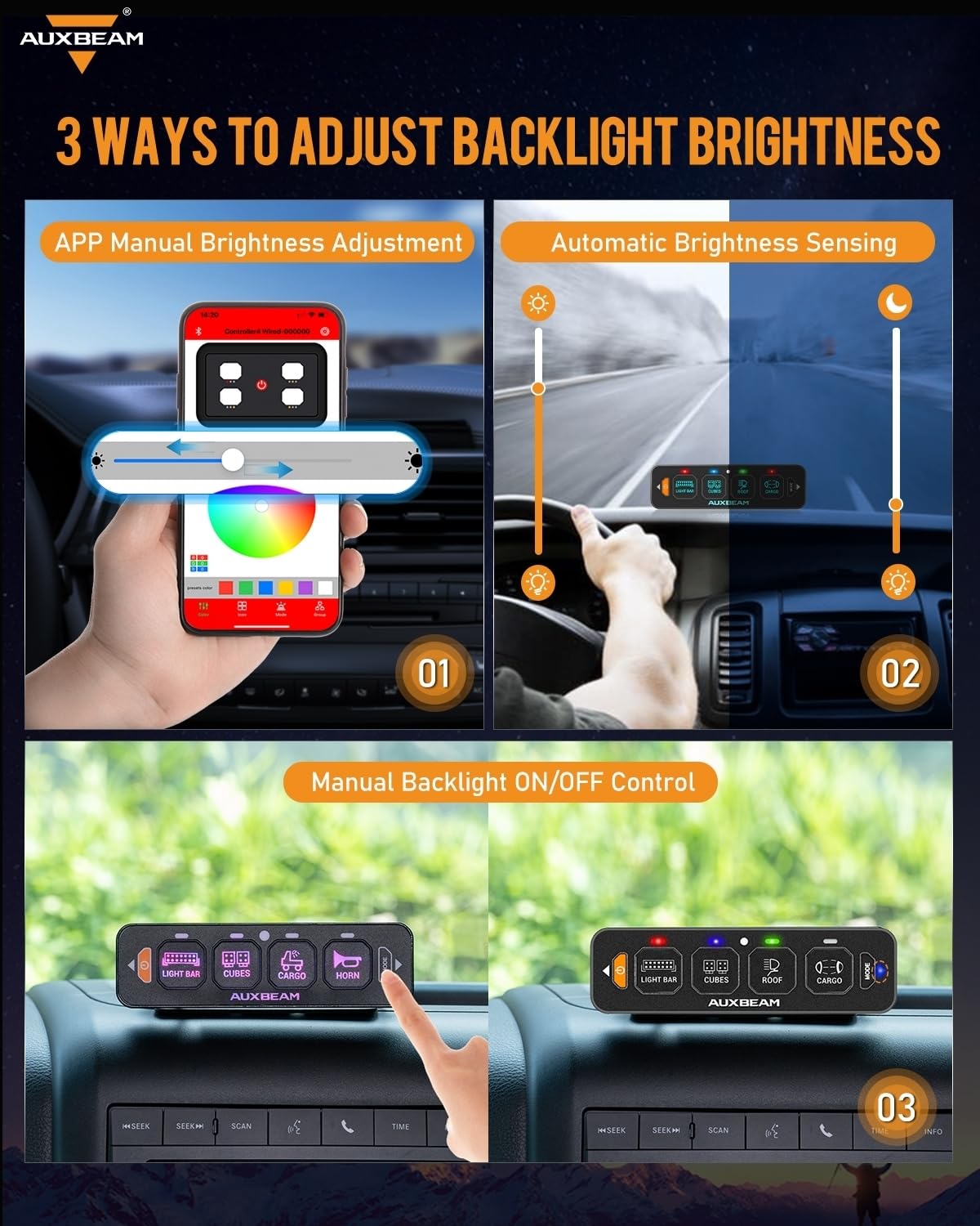 Auxbeam 4 Gang Slim Switch Panel Bluetooth RGB AS-400 with APP&Remote Control Toggle Momentary Pulsed Switch Pod Off Backlight for Truck Offroad UTV ATV Car Marine 12-24V Waterproof, 2 Years Warranty