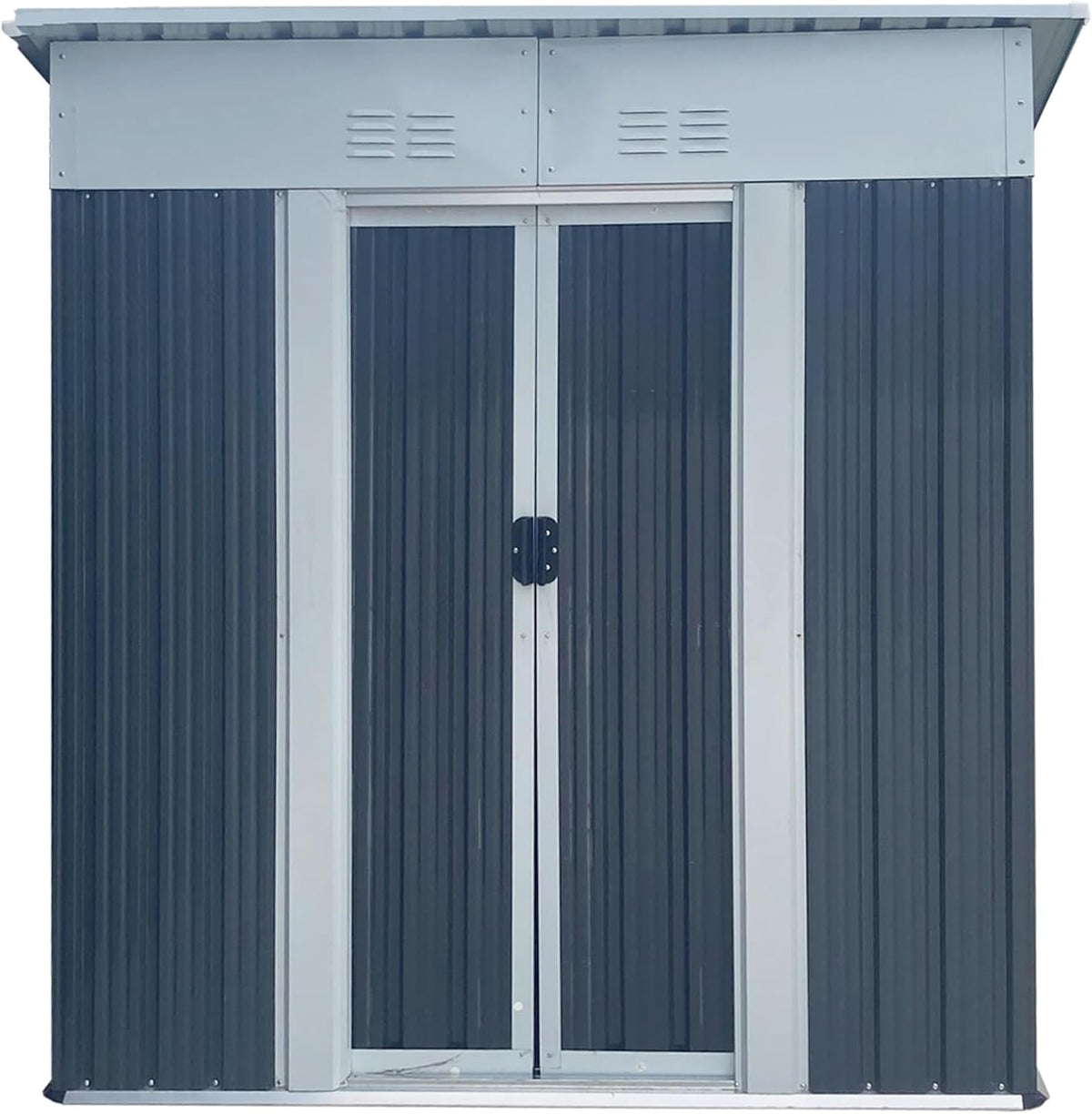 5x3 FT Outdoor Storage Shed with Sloping Roof, Waterproof Metal Garden Sheds w/Lockable Sliding Doors and Vents, Weather Resistant Tool Storage House for Backyard, Patio, Lawn, Grey